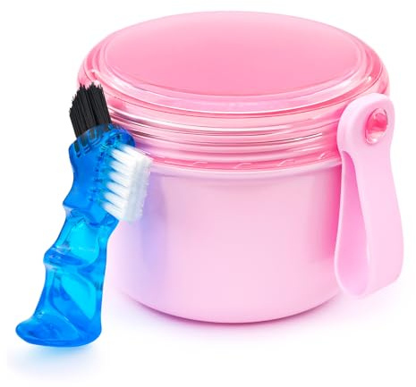 EZEELAI Leak Proof Denture Box Case with Strainer Basket and Brush, Denture Holder Cup Retainer Bath Cleaning Case for False Teeth, Aligner, Mouth Guard - Pink