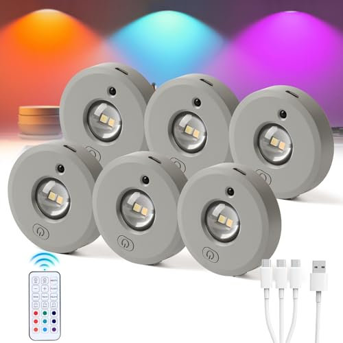 Vitrinenbeleuchtung Led Lampe mit Fernbedienung, Schrankbeleuchtung Kabellos, Puck Lampe, RGB Farbtemperatur Einstellbar, LED Spots Akku Geeignet für Schränke, Küchen, Schlafzimmer (RGB, 6-Pack)