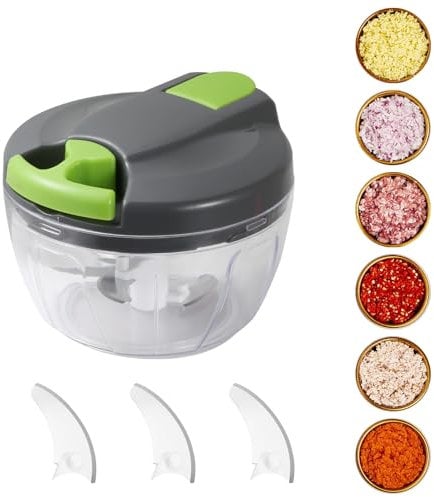FHISKUNYU Tritatutto Manuale - Tagliaverdure Manuale con 3 Lame Curve in Acciaio Inossidabile, Trita Verdure Manuale Multifunzione per Carne, Erbe & Verdure - Capienza 520 ml, Senza Elettricità