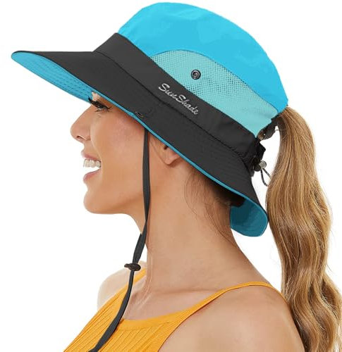 crazy bean Sonnenhut Damen Faltbar Boonie Hat Mesh Wanderhut mit Breite Krempe Safari Hut mit Pferdeschwanzloch Outdoor Fischerhut Buschhut Blau