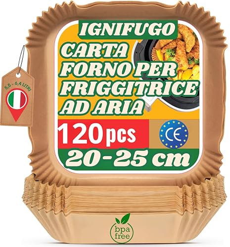 Papel para Freidora de Aire Cuadrado - Compatible con Cosori 5.5L, Cecotec 6L, Ninja Dual y Philips - Moldes Desechables de Papel para Air Fryer Rectangular - Sin BPA (Pack 120 Unidades)
