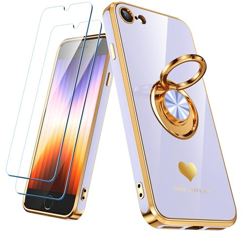 Nonional Compatible for iPhone SE/8/7 Case with 2 Pack Screen Protector, 360° Rotatable Ring Holder [Luxury Hearts Pattern] Plating Gold Edge Slim Soft Phone Case for iPhone SE/8/7 - Lavender
