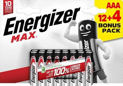 Energizer - Max, Pack de 12+4 Piles AAA, Longue durée pour Une Utilisation Quotidienne, sans sulfatation et avec 10 Ans de durée de Vie