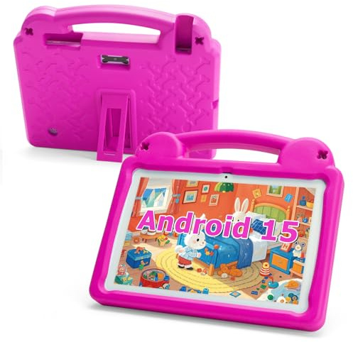 Tablet Android de 10 pulgadas, Android 15 Kids Tablet, A523 Octa-Core, 8GB+64GB, 1TB ampliable, WiFi 6 (2.4G+5G), funda EVA con soporte, rosa