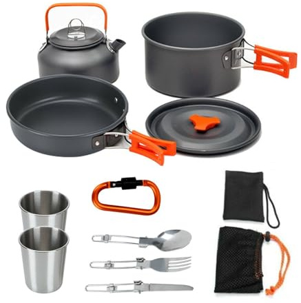 Camping-Kochset aus Aluminium (8 Teile) - Leichtes Outdoor-Geschirrset für 2-3 Personen - Ideal für Wanderungen & Campingurlaub