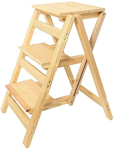 OZBME Wood Folding Step Ladder Chair 3 Stool Home Wooden Thickened Library Stair Portable Light Garden Tool (A)