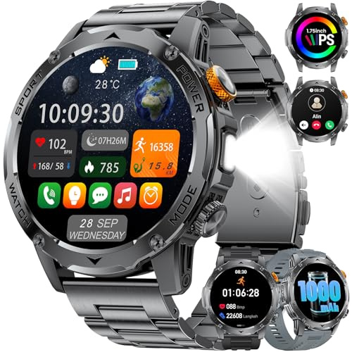 LIGE Smartwatch Herren mit Telefonfunktion, 1000mAh Großer Akku/LED Taschenlampe/3 Armbänders, 1.75''Großes Display Fitness Tracker 100+ Sportmodi Outdoor Sportuhr für Android iOS, SchwarzStahl