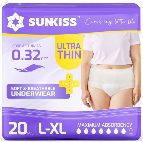 SUNKISS Incontinence Pants Women, Ultra Thin, Large/XLarge, White,20 Count