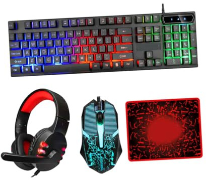OFFIGAM Wired Computer Keyboard and Mouse Set with USB 2.0 Connection, Ergonomic Design and Stylish Abs Material, Includes Headset and Mousepad for Office and Gaming Use