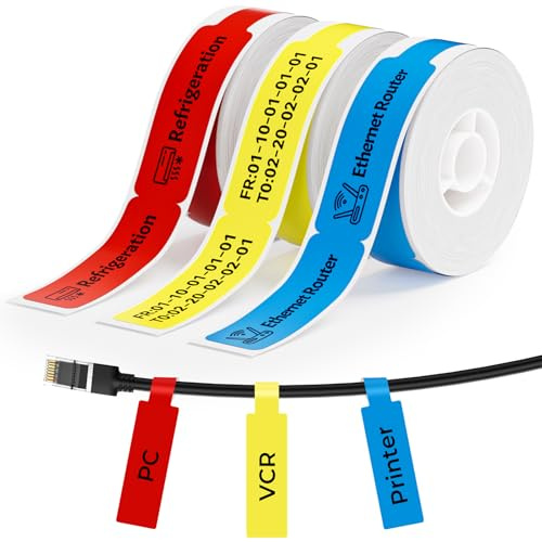 NIIMBOT 3 Rolls Cable Labels for D11/D110/D101 Label Maker | Waterproof & Wear-Resistant Labels, 12.5x109mm, 60 Labels/Roll Strong Adhesive for Wire Marking, Network Cable ID