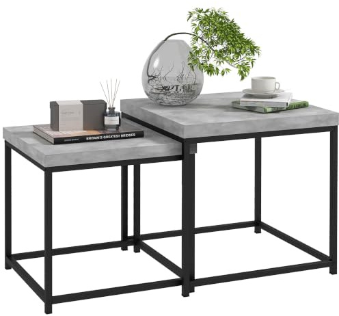 HOMCOM Coffee Table Set of 2 3.5cm Thick Tabletop Steel Frame, Grey | Modern Square Nest of Tables, for Living Room
