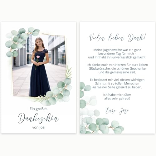 Dankeskarten Jugendweihe personalisiert mit Foto & Text – Motiv Eukalyptus | Personalisierte Danksagung Jugendweihe mit Foto, Name & Wunschtext auf 350 g/m² Premiumkarton im Format 10 × 15 cm
