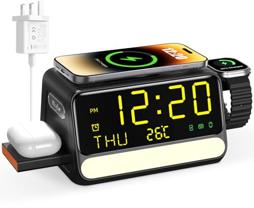 Wireless Charger,7 in 1 Charging Station for iPhone/Samsung/Android Phone | 33W Plug Included,Alarm Clock,Voice & Touch Control Light,for iPhone 11–17 Series,Apple Watch,AirPods,Samsung Phone & Watch
