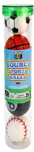 BEMIRO Flummi Set, 5 Stück in Rolle, Sportball Motive, Gummi, 40 mm, ab 3 Jahren, Fußball, Basketball, Tennis, Baseball und Billard (12)