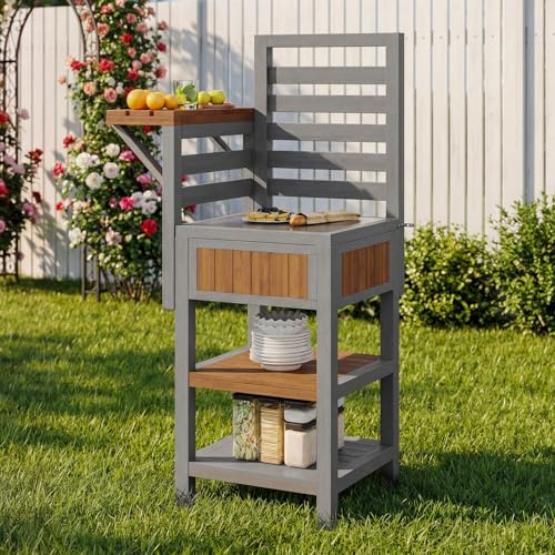 Armadio da giardino in legno per esterni, resistente alle intemperie, con piano di lavoro in acciaio inox, stazione barbecue con spazio aggiuntivo, armadio da cucina per esterni (colore legno naturale