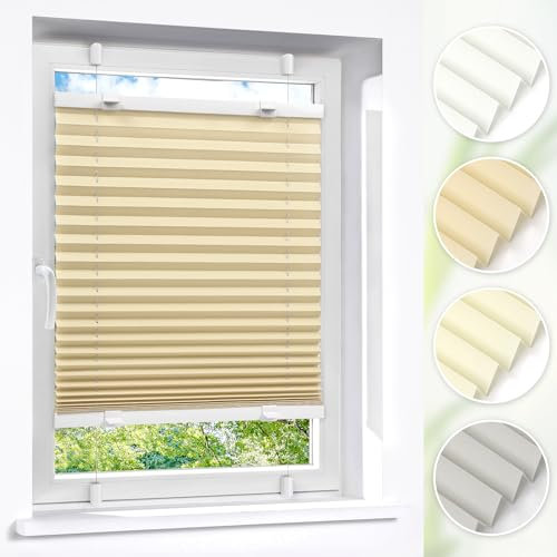 Victoria M. Easyfix Plissee Faltrollo ohne Bohren Plisseeanlage Klemmfix mit Klemmträger für Fenster und Türen, Größe: 55 x 200 cm, Farbe: Beige