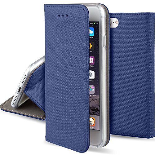 Moozy Coque a Rabat pour iPhone 6s, iPhone 6, Bleu Foncé - Housse Étui Fin Smart Magnétique avec Porte-Cartes et Support