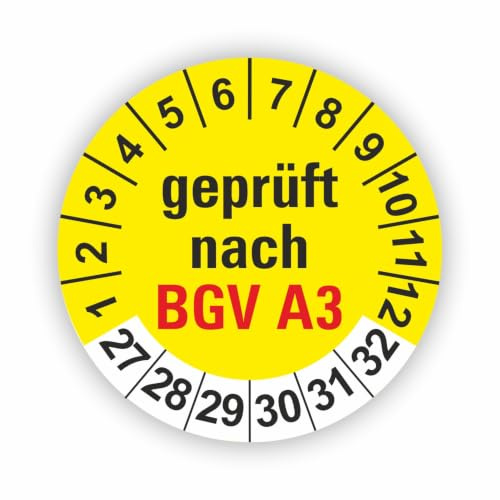 Fassbender-Druck PRÜFPLAKETTEN - Hochwertige Prüfetiketten BGV A3 PRÜFUNG Ø 30mm - Selbstklebende PVC-Folie - Wartungsetiketten für Prüfung - Prüfplakette für Prüfungsnachweis (250 Stück)