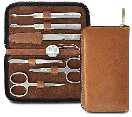 nippes Solingen Premium Line Maniküre Set Whiskey, 6-teilig, Edelstahl rost- und nickelfrei, Rindsleder-Etui mit Reißverschluss, Braun, Nagelset, Nagelpflege Set, Made in Germany