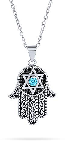 Bling Jewelry Hanukkah Judaica Magen Hamsa Hand Gottes Davidstern Anhänger Halskette Blau Cubic Zirkonia CZ für Frauen Schwarz oxidiert Silber plattiert