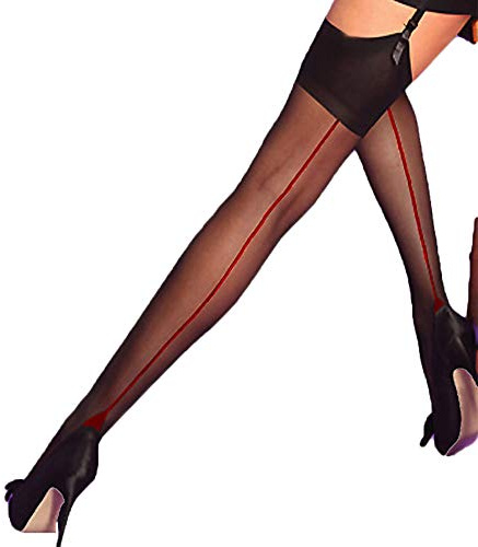 Sheer Seamed Stockings Women Plus Size Suspenders Fully Fashioned Nylon UK | Black, Nude & Red seams, 15 denier nylon, Cuban heel, Reinforced toes, Tall fit, UK 8-18, M,L, Vintage, Burlesque style
