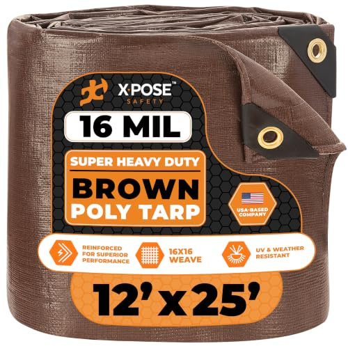 Xpose Safety 12' x 25' Super Heavy Duty 16 Mil Brown Poly Tarp