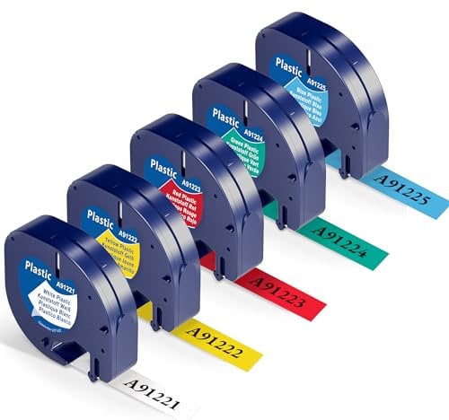 Wonfoucs Etikettenband Kompatibel mit Dymo LetraTag Beschriftungsgerät Bänder 91221-91225,12mm x 4m Etiketten Kompatibel mit Dymo LetraTag LT-100H LT-110T 200B XR XM QX50 Etikettendrucker,5 Farbe