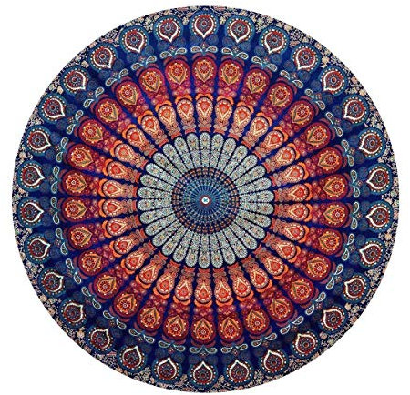 World Wide Kart Blauer Wandteppich, Wandbehang, Mandala, rund, indische Baumwolle, Tagesdecke, 183 cm, Blau
