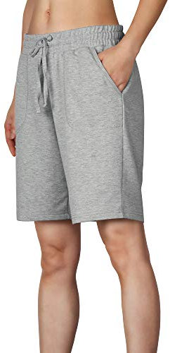 icyzone Damen Bermuda Shorts Kurze Sporthose Jogginghose Atmungsaktiv Laufshorts Sport Shorts mit Taschen (XL, Grau)