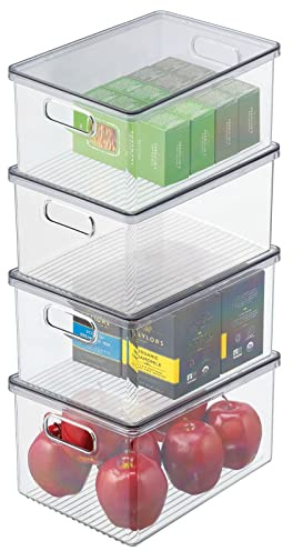 mDesign 4er-Set Kühlschrankbox – Kühlschrank Vorratsdose mit Griffen und abnehmbarem Deckel – lebensmittelechte Aufbewahrungsbox aus Kunststoff für Küche und Speisekammer – durchsichtig/grau