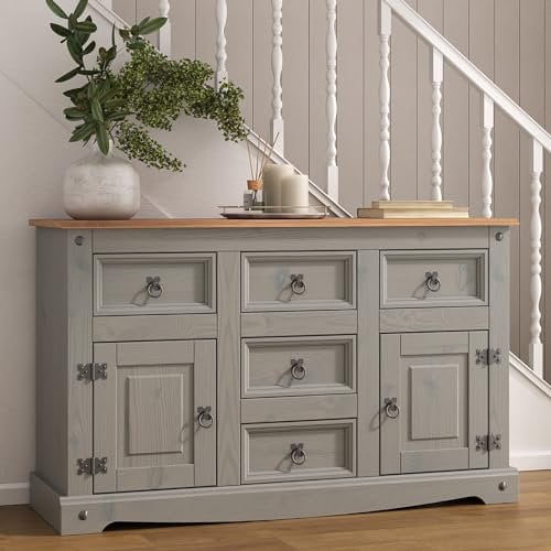 Corona Grey Sideboard 2 Door 5 Drawer, Solid Mexican Pine