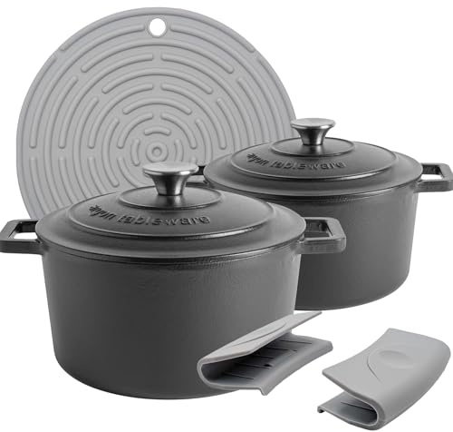 Argon Tableware 4.5L Round Cast Iron Casserole Dishes with Self-Basting Lids - Matte Black - 2 Pack Induction Hob Cooking 4.75QT Dutch Oven Bread Baking Serving Roasting Stew Stock Pot Cookware Pan