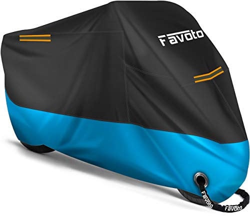 Favoto Funda para Moto Cubierta de Moto 210D Impermeable Protectora con Banda Reflectante a Prueba de Sol Lluvia Polvo Viento Nieve Excremento de Pájaro al Aire Libre, 265x105x125cm Negro+Azul