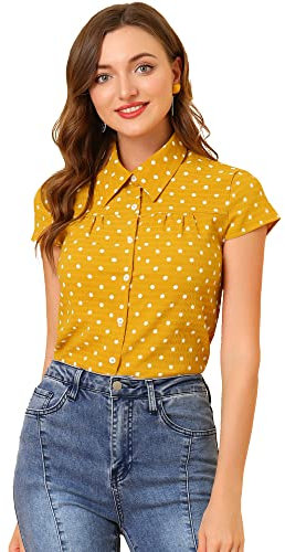 Allegra K Chemise Vintage à Manches Courtes à Pois pour Femmes Jaune L