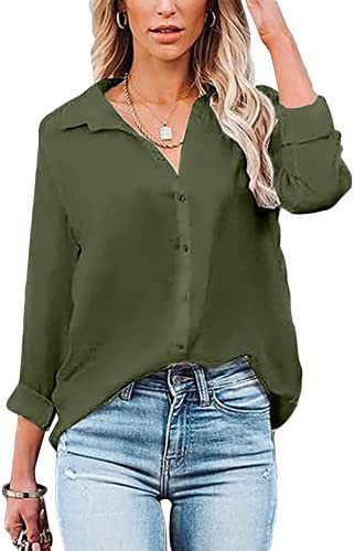 Womens Blouse Casual Long Sleeve Shirt Tops V Neck Button Down Shirts Basic Loose Tunic T Shirts (L, Green)