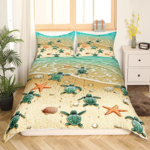 Sunnybed Grüne Meeresschildkröte Trösterbezug Ozean Hawaii Strand Tropisches Bettwäsche Set für Teens Jungen,Schildkröte Bettbezug Seestern Muschel Küsten Bettbezug Meerestier Zimmer Dekor 135x200