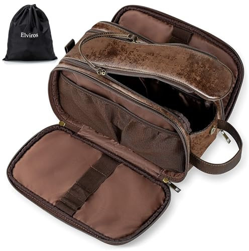 Elviros wasserdichte Leder Toilettentasche für Männer Große Reisetasche Rasieren Dopp Kit Badezimmer Gym Toiletten Make-up Organizer mit Freier Nass Trockentasche, Schokolade Medium