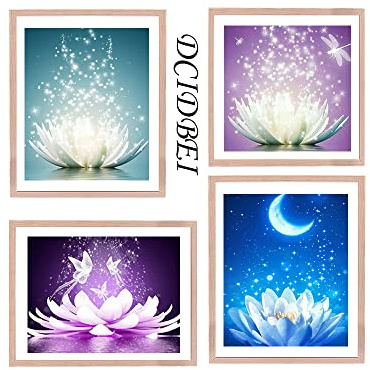 DCIDBEI 30 x 40/30cm, 4 Pcs Diamant Gemälde Set Rund, Diamond Painting 5D Erwachsene Zen,Blume Strasssteine Puzzle Geschenk Geburtstag Party Wanddekoration Lotus