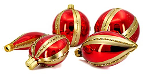Set 5 decorazioni ornamentali in vetro soffiato e decorato a mano per albero di Natale, rosso/oro