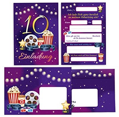 12 Einladungskarten incl. 12 Umschläge zum 10. Kindergeburtstag Kino zehnte Geburtstag Mädchen Jungen Cinema Kino-Party
