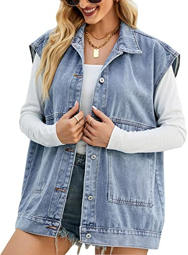 Perbai Damen Oversize Denim Vest Mid Long Jean Vest Distressed Sleeveless Denim Jacket