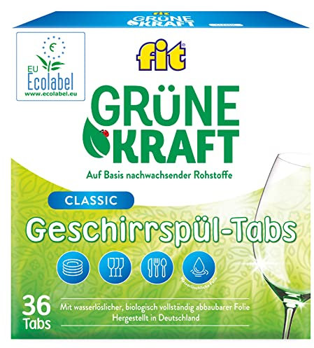 fit Grüne Kraft Classic Tabs 36 Stück - Geschirrspül-Tabs für Spülmaschinen, Sauberkeit, Glanz, wasserlösliche Folie, vegan