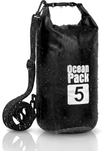 Dry Bag, Borsa Sacca Zaino Impermeabile Waterproof, chiusura a rotolo e tracolla, custodia impermeabile per cellulare e marsupio per Mare Barca Pesca Rafting Spiaggia Sport Acquatici (Black, 5l)