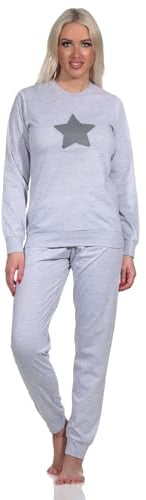 Normann Lässiger Damen Langarm Schlafanzug Pyjama mit Bündchen und Stern Motiv
