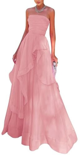 Robe de bal longue sans bretelles en mousseline de soie pour femme - Robe de demoiselle d'honneur - Robe de soirée formelle - Robe de mariée, rose poudré, 36
