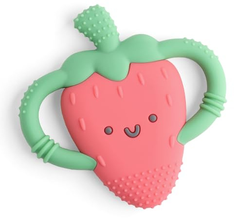 Itzy Ritzy Strawberry-Shaped Baby Teether with Handles – Silicone Teether for Babies with Easy-Grab Handles and Textured, Teethable Surfaces – Baby Teething Toy for 3 Months & Up (Strawberry)