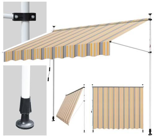 Hebitod Klemmmarkise Balkon ohne Bohren, 300cm breit, Markise mit Handkurbel, Sonnenschutz und wasserabweisend, höhenverstellbar Balkonmarkise, für Terrasse Balkon, einfache Montage, Blaue und Gelb