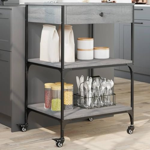 Tidyard Chariot de Cuisine Sonoma Gris 60x48x89,5 cm Bois d'ingénierie, Étagère de Rangement avec roulettes, Desserte Mobile pour Cuisine Salle à Manger, Salle de Bain, Salon, Bureau