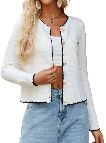 GRACE KARIN Women's Casual Cardigan Long Sleeve Vintage Crew Neck Knitwear Button Down Cardigan Summer Sweater Cardigans White M