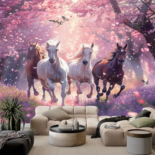 Papier Peint Panoramique Chevaux Galopant sous Cerisiers Fleurs Poster Mural,Rose Violet Papier Peint Intissé Mural pour Salon Chambre Bureau Canapé TV Fond Décoration Fantaisie Romantique - 350x256cm